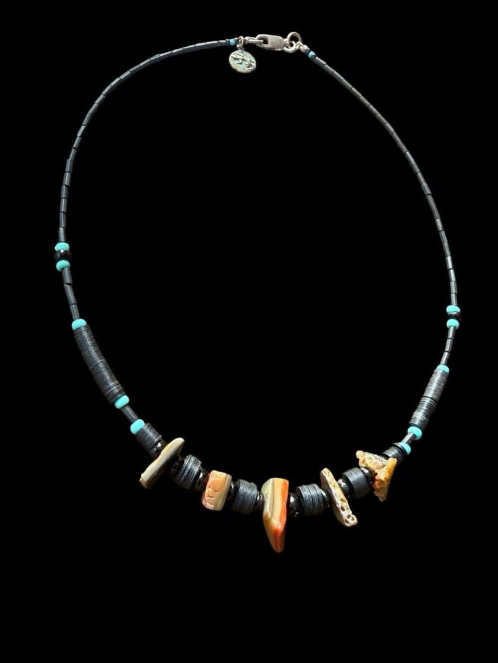 Heishi Beaded Gemstone Necklace Turquoise Jet Coral Shell Sterling Silver Clasp